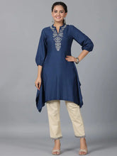 Women Navy Blue Rayon Embroidered Asymmetric Kurta & Pants Set