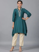 Women Teal Rayon Embroidered Asymmetric Kurta & Pants Set
