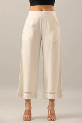 Women Off-White Rayon Flax Solid Palazzo