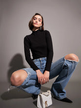 Women Black Rib High Neck Front Zipper Top