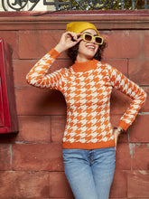 Women Orange And White Houndstooth Sweater