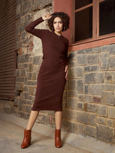 Women Brown Rib Sweater With Pencil Skirt