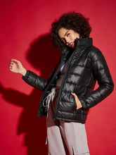 Women Solid Standard Black High Neck Full Sleeve Jacket