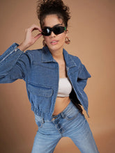 Women Solid Standard Blue Collared Neck Full Sleeve Jacket