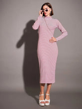 Women Red & White Striped Rib High Neck Maxi Dress