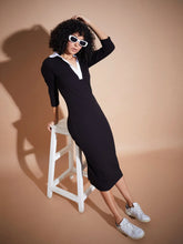 Women Black Rib Contrast Collar Midi Dress-SFDRSS11839XS