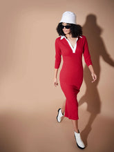 Women Pink Rib Contrast Collar Midi Dress