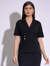 Women Black Notch Collar Top