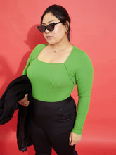 Women Green Rib Empire Neck Top