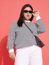 Women Black & White Striped Full Sleeves Sweater-SFSWSH7444XXL
