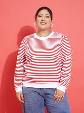 Women Red & White Striped Full Sleeves Sweater