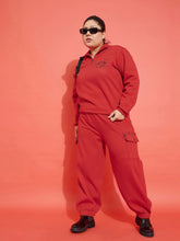 Women Red Fleece Hope Zipper Sweatshirt With Joggers