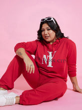 Women Red New Yoke Terry Hoodie With Joggers