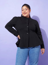 Women Solid Standard Black High Neck Full Sleeve Jacket