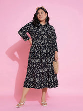 Women Black Floral Belted Midi Shirt Dress
