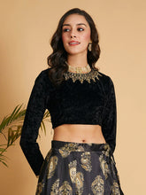 Women Black Velvet Embroidered Full Sleeves Crop Top