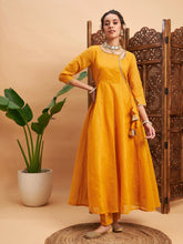 Women Mustard Chanderi Round Neck Anarkali Kurta