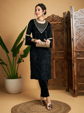 Women Black Velvet Zari Embroidered Kurta-SHKUR00383XS