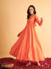 Women Orange Floral Round Neck Anarkali Maxi Dress