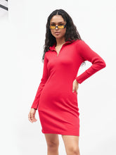 Women Pink Rib Front Zipper Short Bodycon Dress
