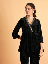 Women Black Velvet Embroidered Peplum Top