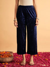 Women Navy Velvet Straight Pants