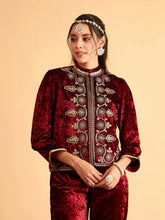 Women Embroidered Standard Maroon Collared Neck Full Sleeve Jacket