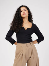 Women Black Rib V-Neck Top