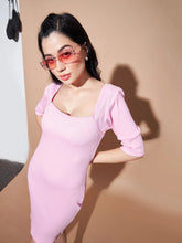 Women Pink Rib Square Neck Short Dress