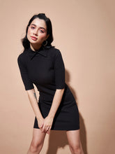 Women Black Stand Up Collar Bodycon Rib Dress