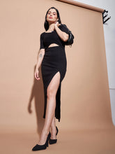 Women Black Side Slit V-Neck Rib Maxi Dress