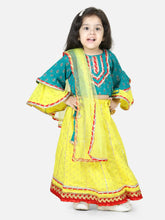 Printed Cotton Frill Sleeves Top with Lehenga for Girls- Green