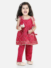 Cotton Printed Off Shoulder Kurti Pant Set with Side sling bag for Girls-Pink