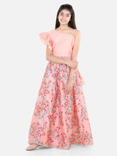 Chanderi Floral Print Off Shoulder Choli with Lehenga for Girls- Peach