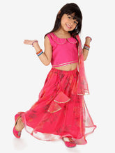Ethnic Chanderi Choli and Floral print Net Lehenga with Attached Dupatta for Baby Girls- Pink