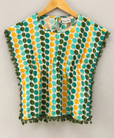 Girls Polk Printed Cotton Kaftan with Pompom Tops Green