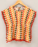 Girls Polk Printed Cotton Kaftan with Pompom Tops -Yellow