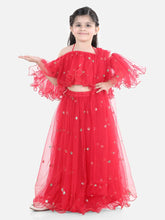 Sequin Net Lehenga with Ruffle Choli with Dupatta- Red