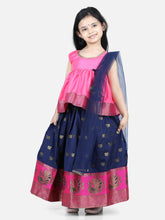 Girls Ethnic Festive Wear Jacquard Flared Sleeve Top with Silk Lehenga with Dupatta- Pink
