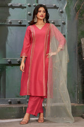Embroidered Art Silk Rouge Pink Kurta Set with Trousers and Dupatta-CL-KPD-140