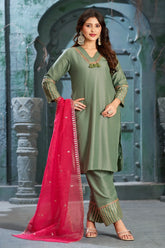 Frog Green Art Silk V-Neck Kurta Set with Trousers and Dupatta-CL-KPD-139