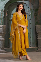 Mustard Alia Cut Anarkali Art Silk Kurta Set with Trousers and Dupatta-CL-KPD-134