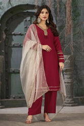 Maroon Straight Fit V-Neck Kurta Set with Trousers and Dupatta-CL-KPD-135