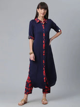 Navy Blue Solid Rayon Kurta with Printed Pant Set-AHKUPN-COMBO-363