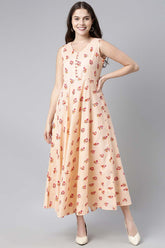 Women Pure Cotton Peach Floral Printed Maxi Dress