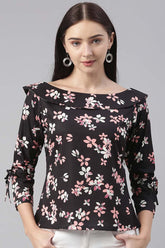 Women Polygeorgette Black Floral Printed Top