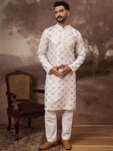 Ethnic Bay Men White Silk Blend Solid Embroidered Straight Kurta With Pant Set-MKSET1382