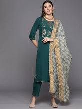 Dark Green Printed Kurta Pant Set With Dupatta-AHKUDUPN-COMBO-545