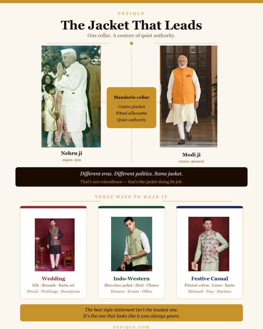 Nehru jacket and Modi jacket styling guide — three ways to wear Indian ethnic jackets, by Desiqlo