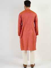 Ethnic Bay Men Orange Cotton Solid Woven Design Straight Kurta With Pant Set-MKSET1094